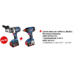 KIT 2 OUTILS 18 V L-BOXX GSR 18 VE-2-LI + GDX 18 V-LI Coffret L-BOXX, 2 batteries Li-Ion 18V 4,0Ah Bosch Pro 0615990GF7