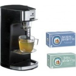 Senya machine à thé tea time, théière électrique noir et lot de 2 boîtes d’infusion les 2 marmottes (thym + infusion des marmott
