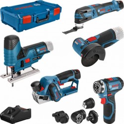 Bosch Lot de 5 outils 12V : GSR + GOP + GHO + GWS + GST + 3x GBA + GAL + XL-BOXX