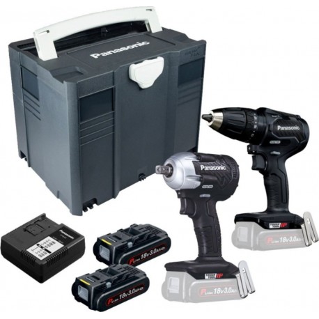 Panasonic EYC242PN2G Kit combiné perceuse à percussion Accu EY79A2 et clé à percussion EY75A8 sans balais au carbone 18 Volt 3.0