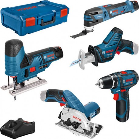 Bosch Bleu 0615A0017C 5 Toolkit 12V - perceuse sans fil + scie circulaire + scie sauteuse + scie à guichet + outil multifonction