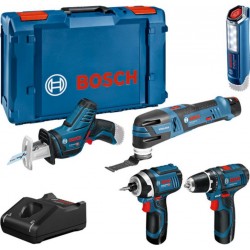 Bosch Bleu 0615990N1D 5 Toolkit 12V - perceuse sans fil + scie à guichet + visseuse à chocs + outil multifonction + lampe 12V 3x